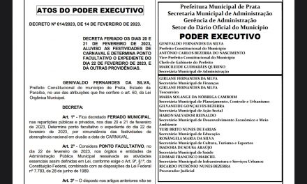 Prefeito Genivaldo Tembório decreta feriado nos dias 20 e 21 de fevereiro de 2023, alusivo às festividades de Carnaval e determina ponto facultativo o expediente do dia 22 de fevereiro .