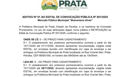 Prefeitura da Prata prorroga prazo de cadastramento para o Edital de Convocação Pública nº 001/2025 do Mercado Público Boaventura Alves