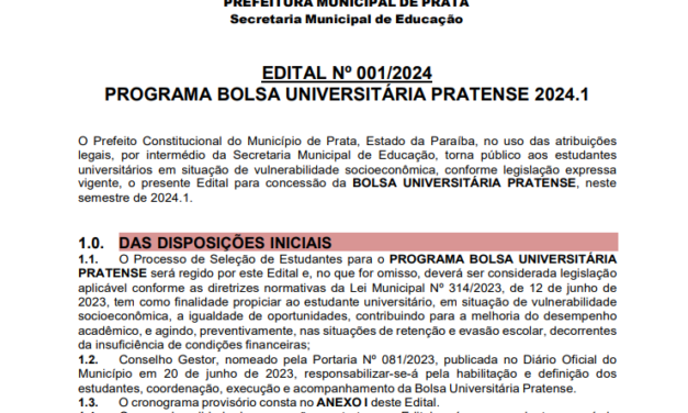 EDITAL Nº 001-2024 – BOLSA UNIVERSITÁRIA PRATENSE 2024.1
