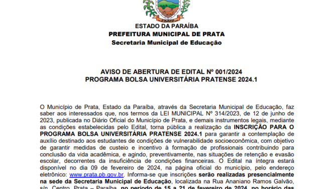 PMP – AVISO DE ABERTURA DE  EDITAL Nº 001-2024 – BOLSA UNIVERSITÁRIA PRATENSE