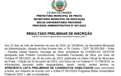 PMP – EDITAL Nº 001-2024 – BOLSA UNIVERSITÁRIA PRATENSE – RESULTADO PRELIMINAR