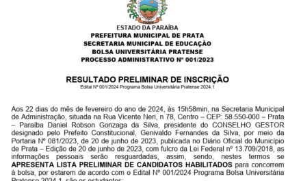 PMP – EDITAL Nº 001-2024 – BOLSA UNIVERSITÁRIA PRATENSE – RESULTADO PRELIMINAR