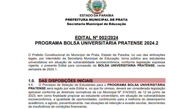 EDITAL Nº 002-2024 – BOLSA UNIVERSITÁRIA PRATENSE 2024.2