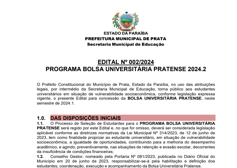 EDITAL Nº 002-2024 – BOLSA UNIVERSITÁRIA PRATENSE 2024.2