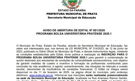 PMP – AVISO DE ABERTURA DE  EDITAL Nº 001-2025 – BOLSA UNIVERSITÁRIA PRATENSE