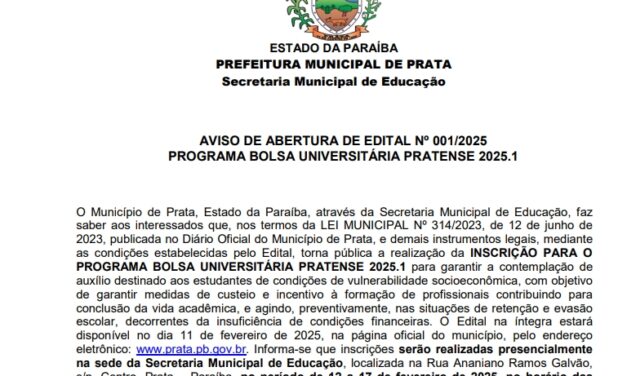 PMP – AVISO DE ABERTURA DE  EDITAL Nº 001-2025 – BOLSA UNIVERSITÁRIA PRATENSE