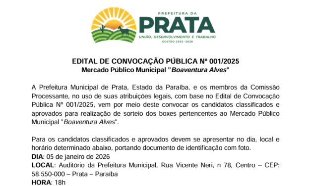 EDITAL DE CONVOCAÇÃO PÚBLICA Nº 001-2025 SORTEIO DOS BOXES MERCADO PÚBLICO MUNICIPAL BOAVENTURA ALVES